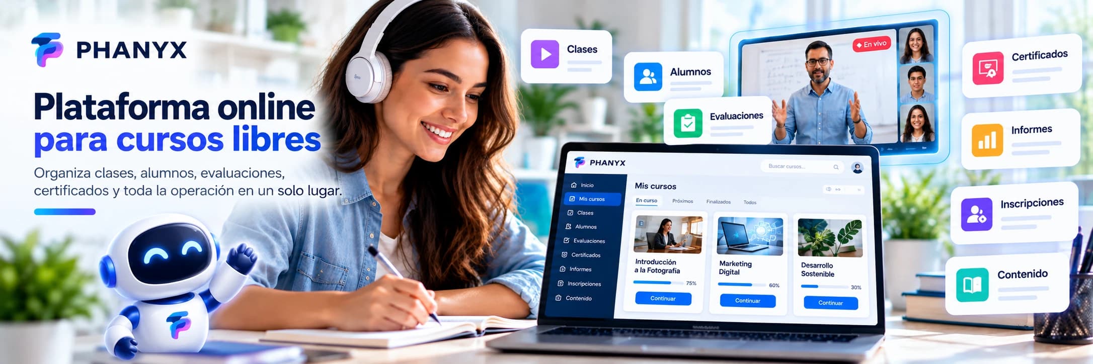 Plataforma online PHANYX para cursos libres con clases, alumnos, evaluaciones, certificados, informes, inscripciones y contenido.