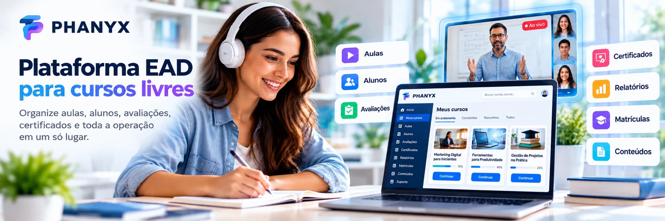 Plataforma EAD PHANYX para cursos livres com aulas, alunos, avaliações, certificados, relatórios, matrículas e conteúdos.