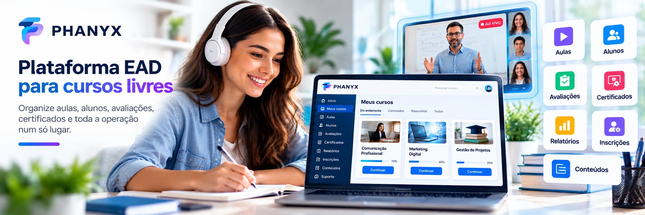 Plataforma EAD PHANYX para cursos livres com aulas, alunos, avaliações, certificados, relatórios, inscrições e conteúdos.