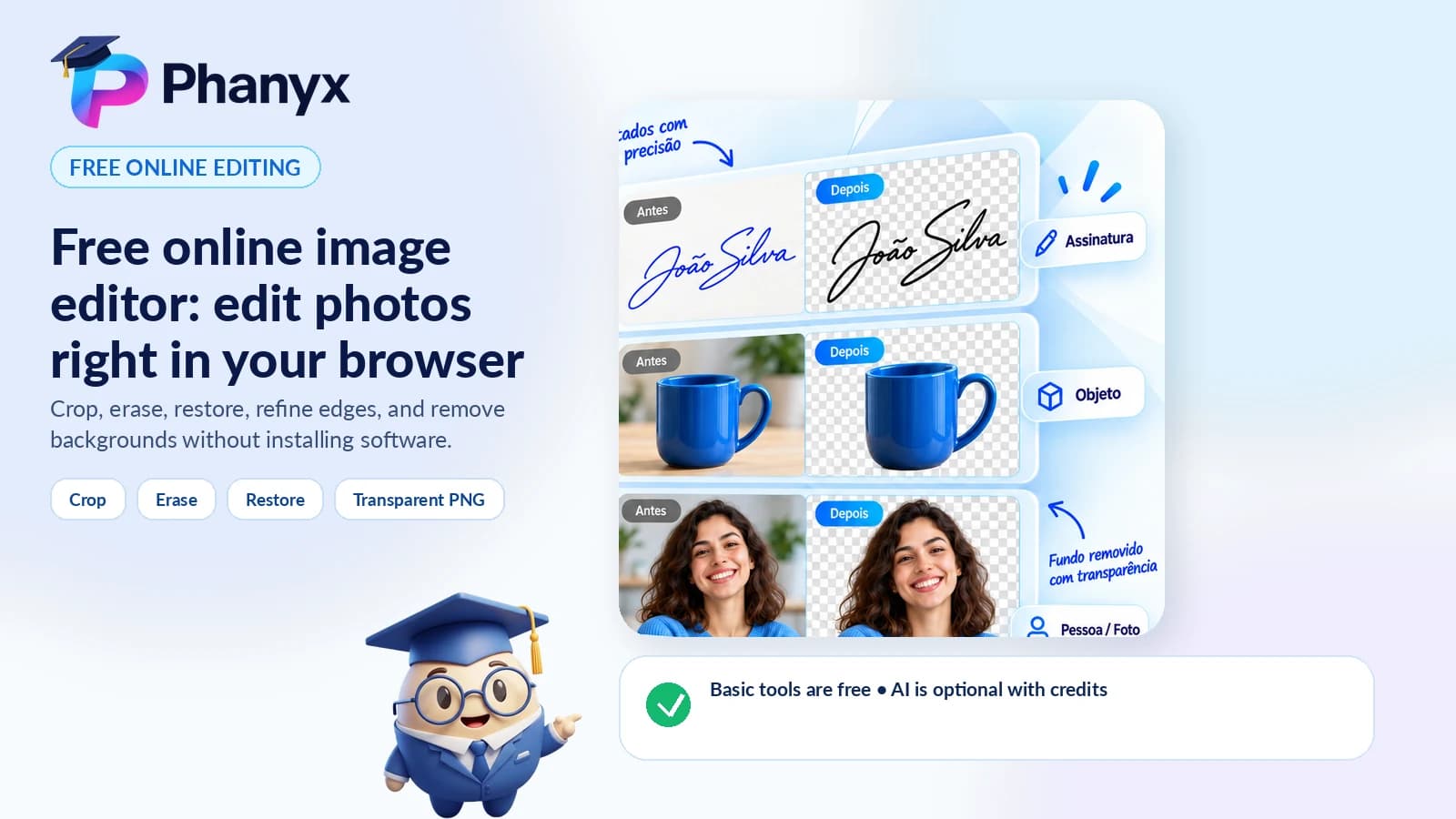 PHANYX online image editor with signature, object, and photo background-removal examples.