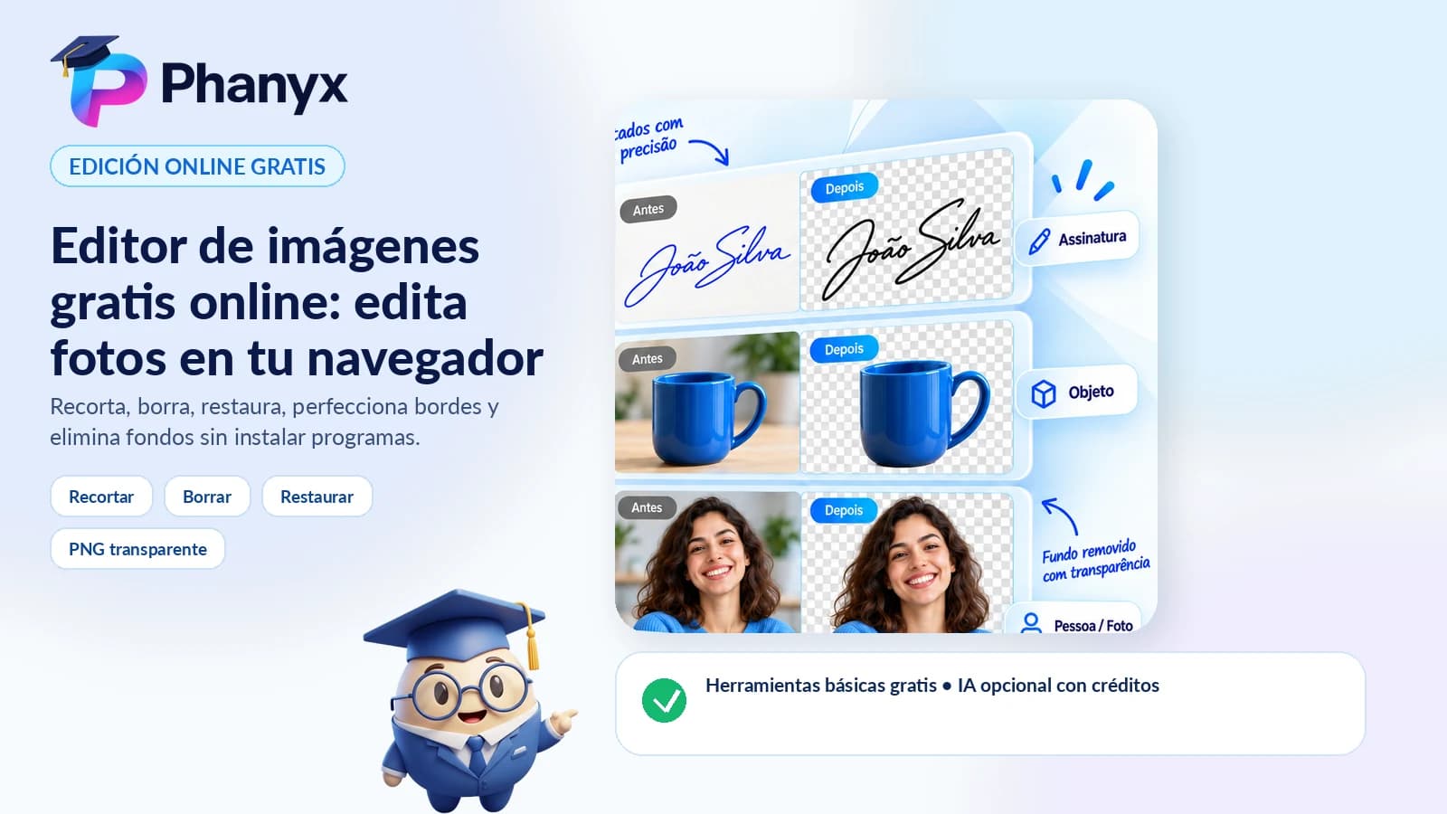 Editor PHANYX con ejemplos de firma, objeto y foto antes y después de quitar el fondo.
