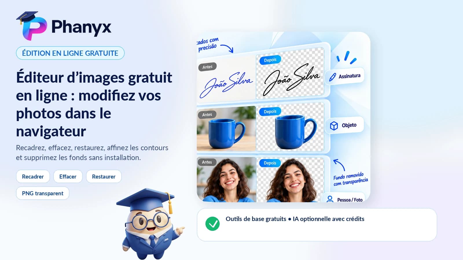 Éditeur PHANYX montrant une signature, un objet et une photo avant et après suppression du fond.