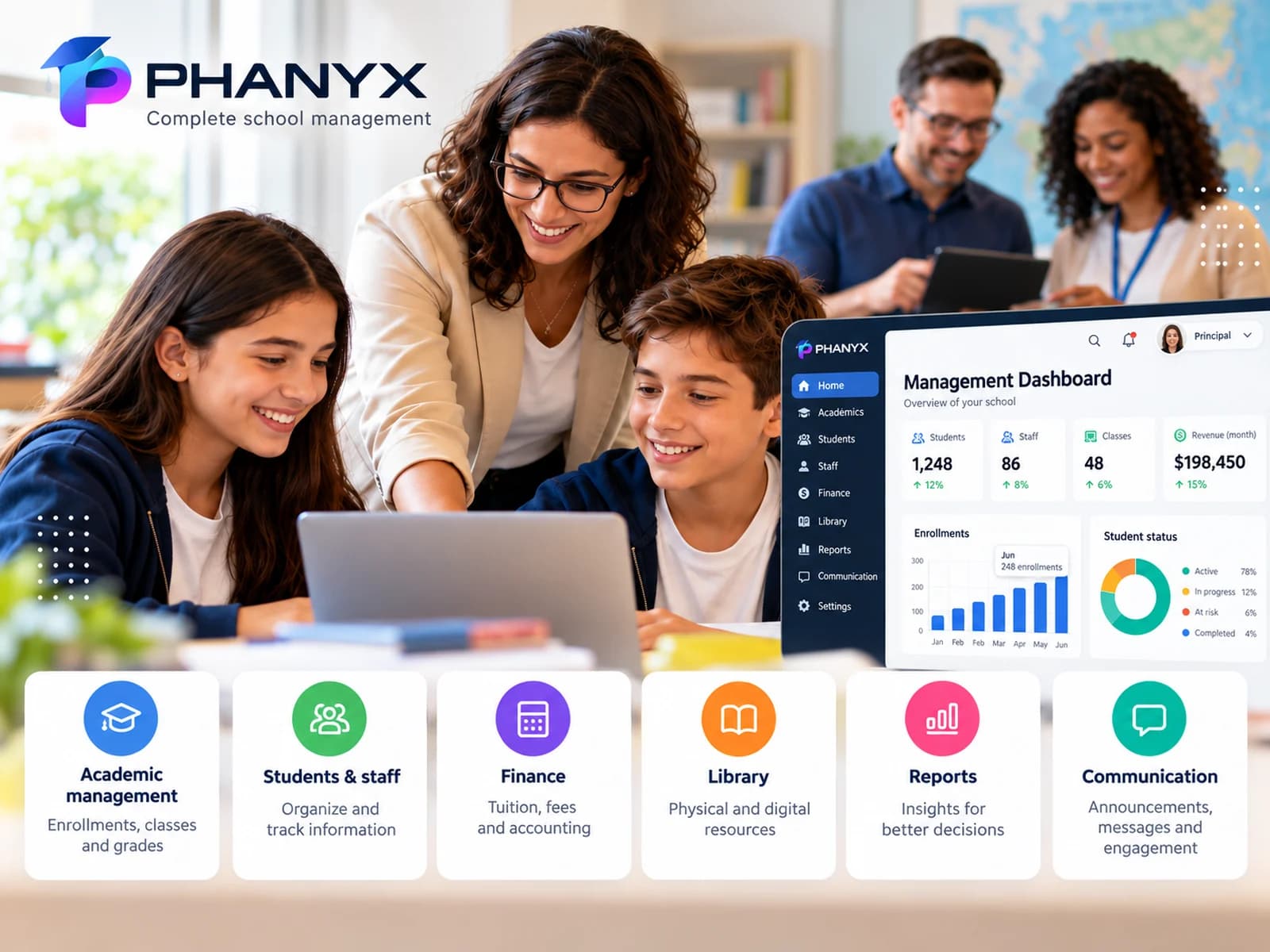 Teacher and students using technology in a school setting beside an illustrative PHANYX school management dashboard.