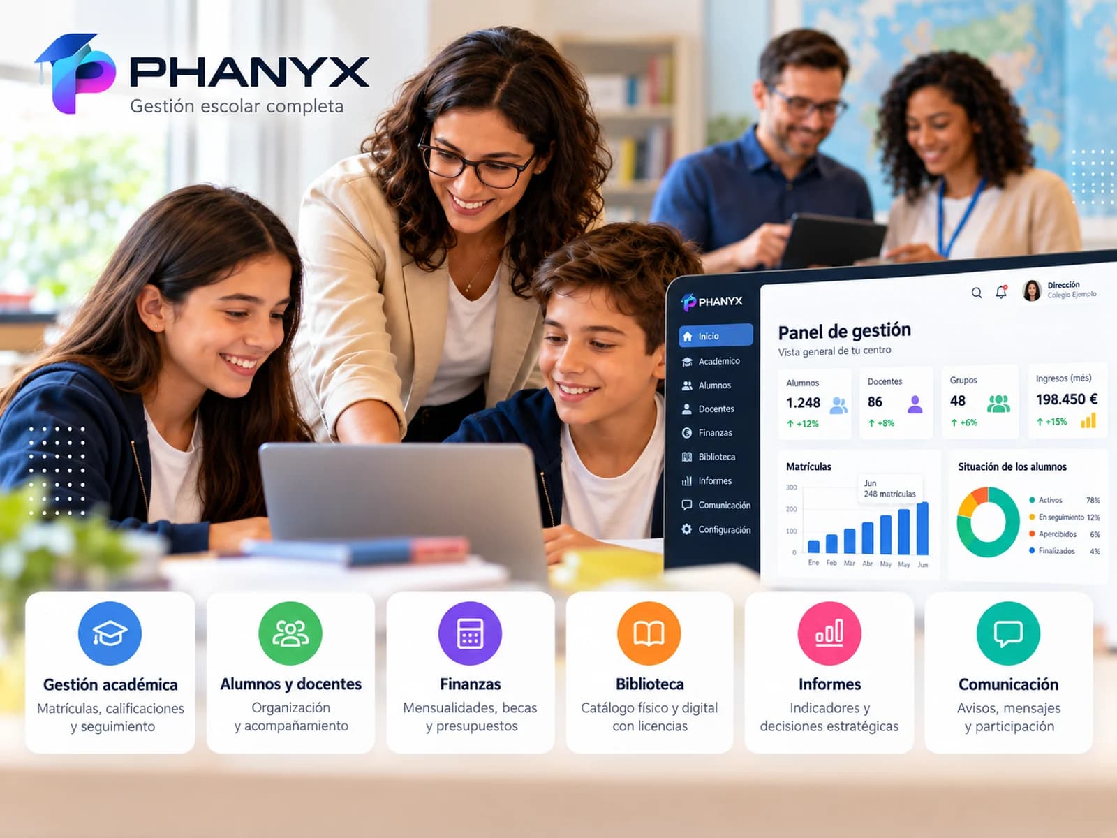 Docente y estudiantes utilizando tecnología en un entorno escolar junto a una representación ilustrativa de un panel de gestión escolar PHANYX.