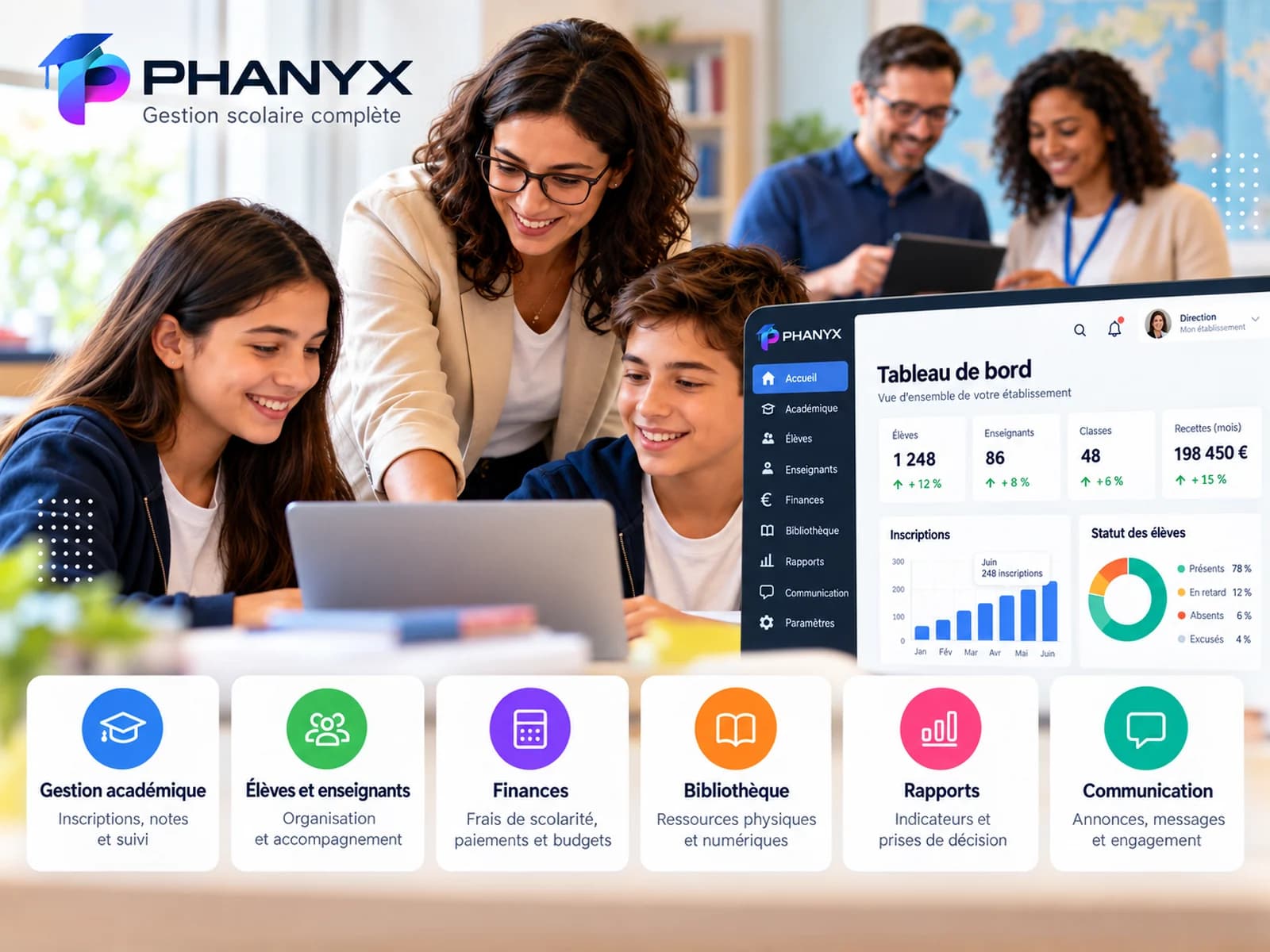 Enseignante et élèves utilisant la technologie dans un environnement scolaire, à côté d'une représentation illustrative d'un tableau de bord de gestion scolaire PHANYX.